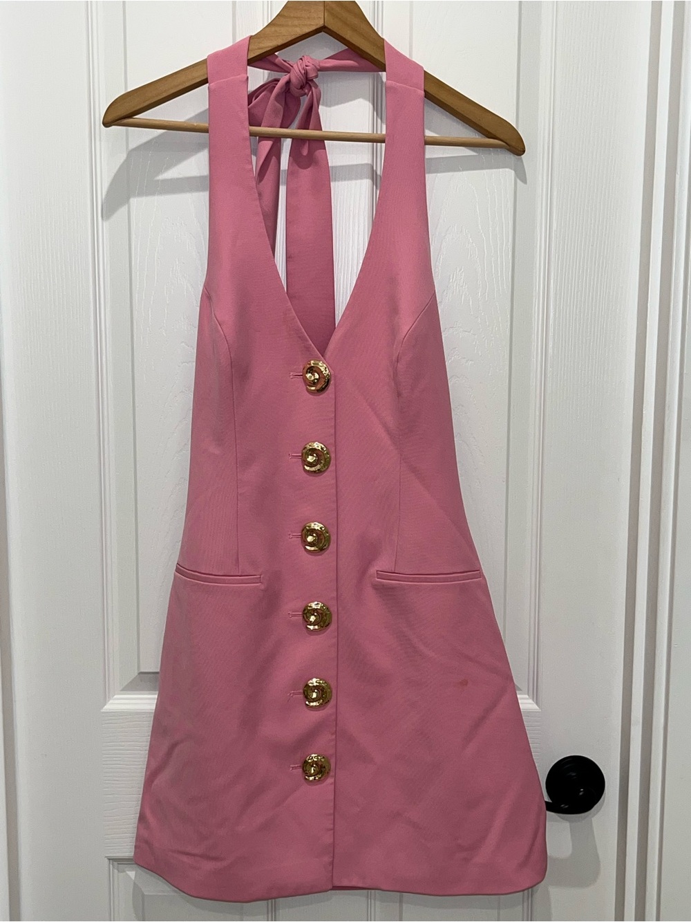 The Wolf Gang Pink Halter Mini Dress with Gold Buttons